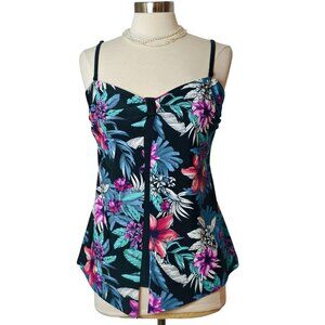 Croft & Barrow Womens XL Tankini Swim Top Black Floral Shelf Bra Adj Straps Swim